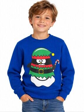 Kids Christmas Penguin Elf Graphic Sweatshirt Blue Size 10/12
